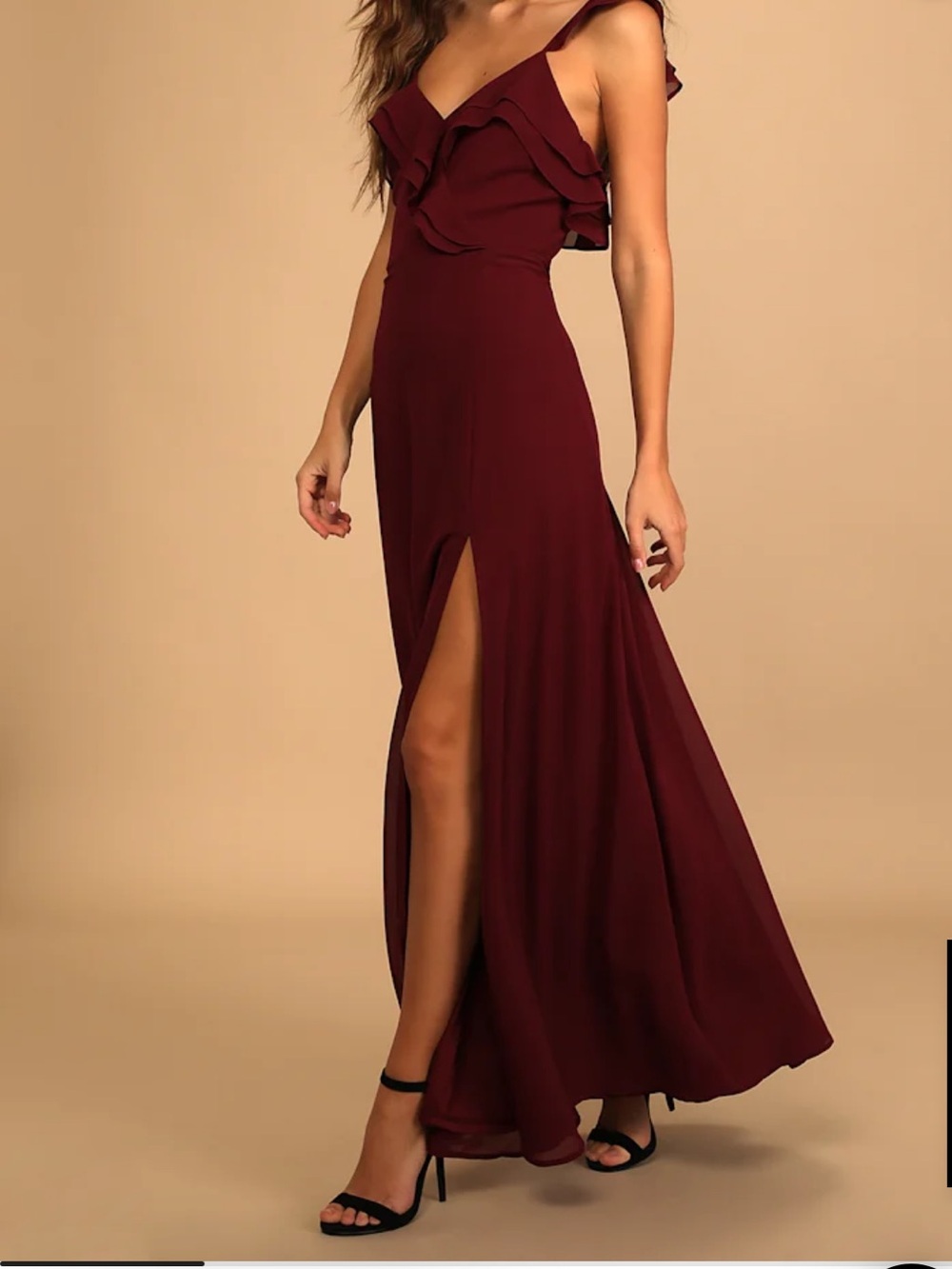Lulu's Adoring Glances Burgundy Ruffled Maxi Dress Size S